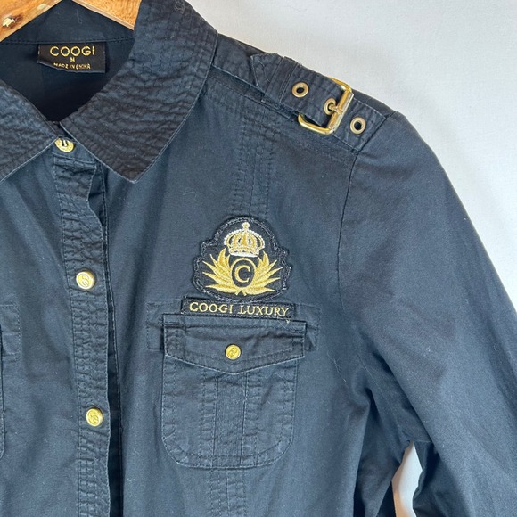 COOGI Luxury Black Embroidered Button Down Shirt Roll Tab Sleeve Military M - Picture 12 of 14